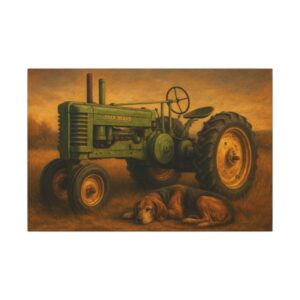 Green tractor and sleeping dog on grass.
