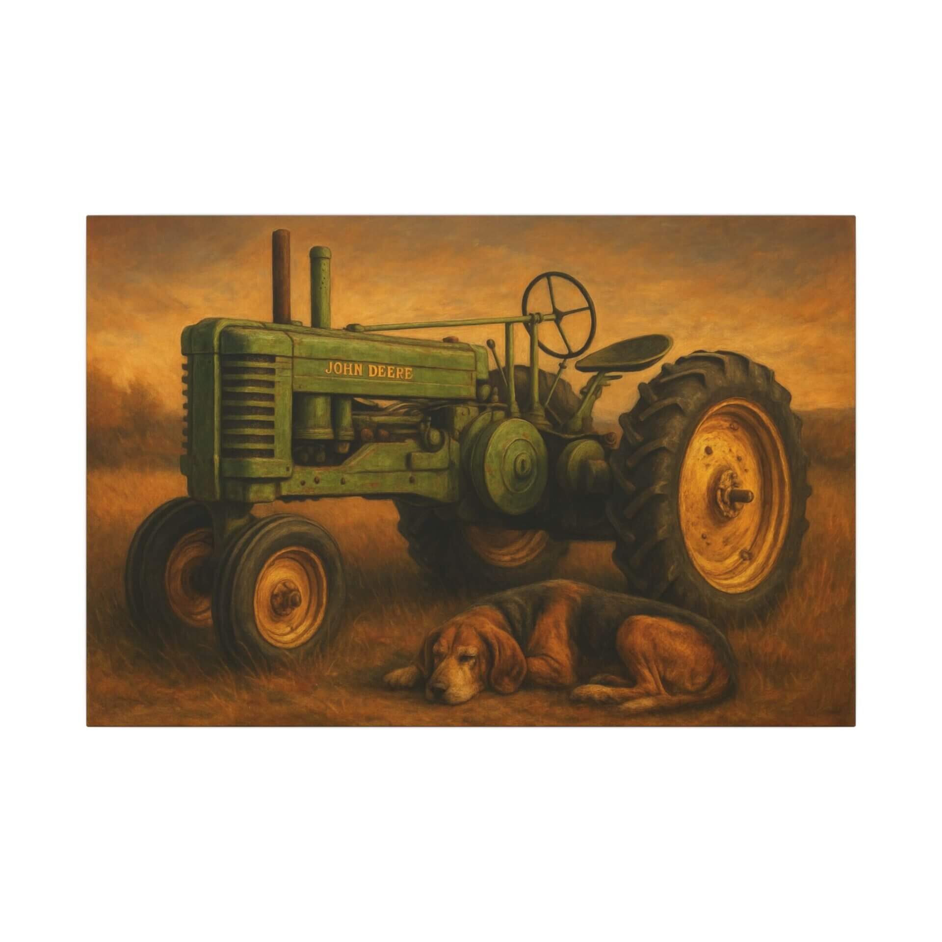 Green tractor and sleeping dog on grass.