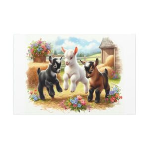 Three playful goats in a farmyard.