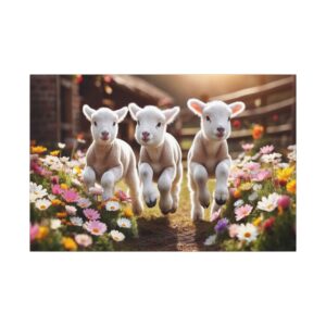 Three lambs frolicking among colorful flowers.