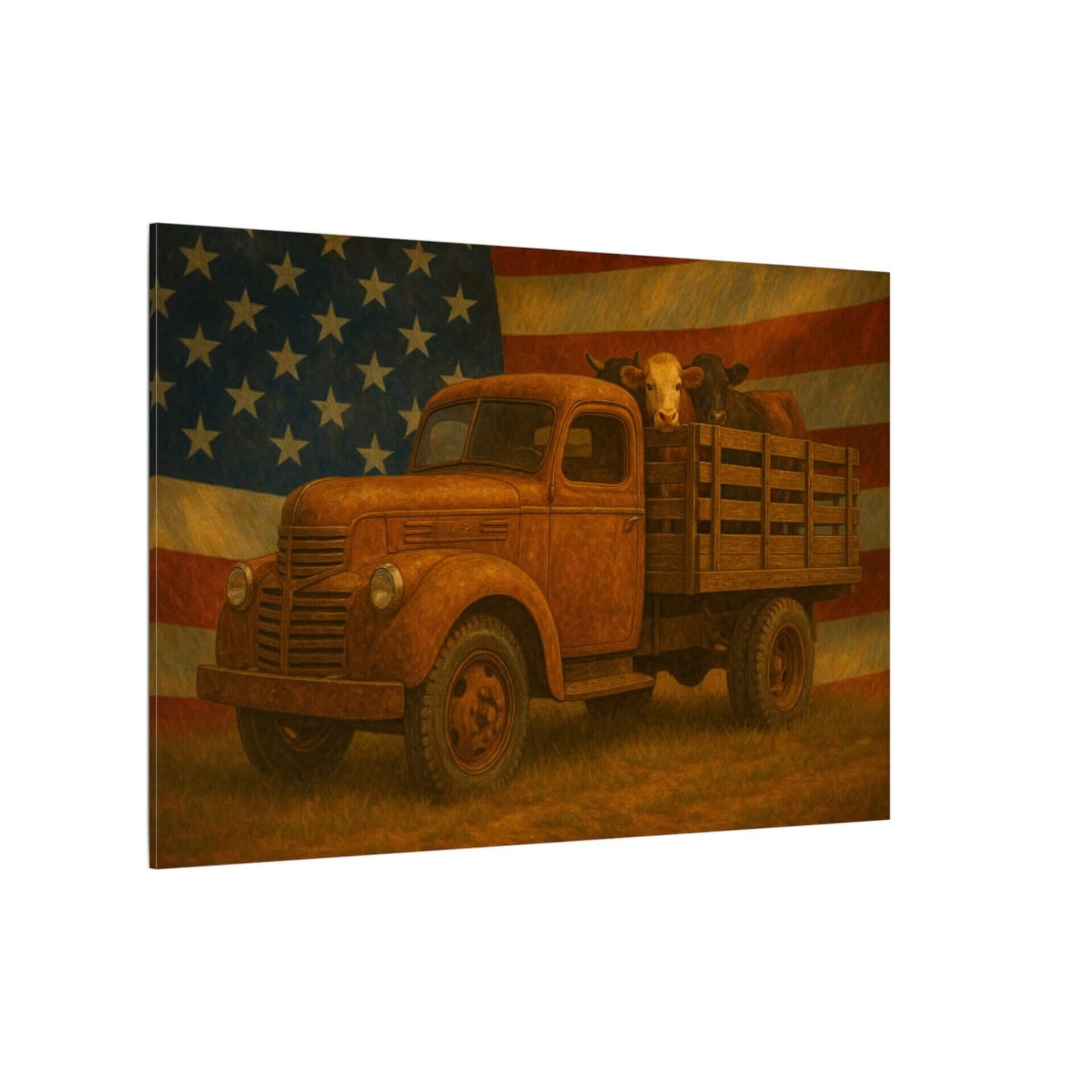 Vintage truck with cows, American flag background.