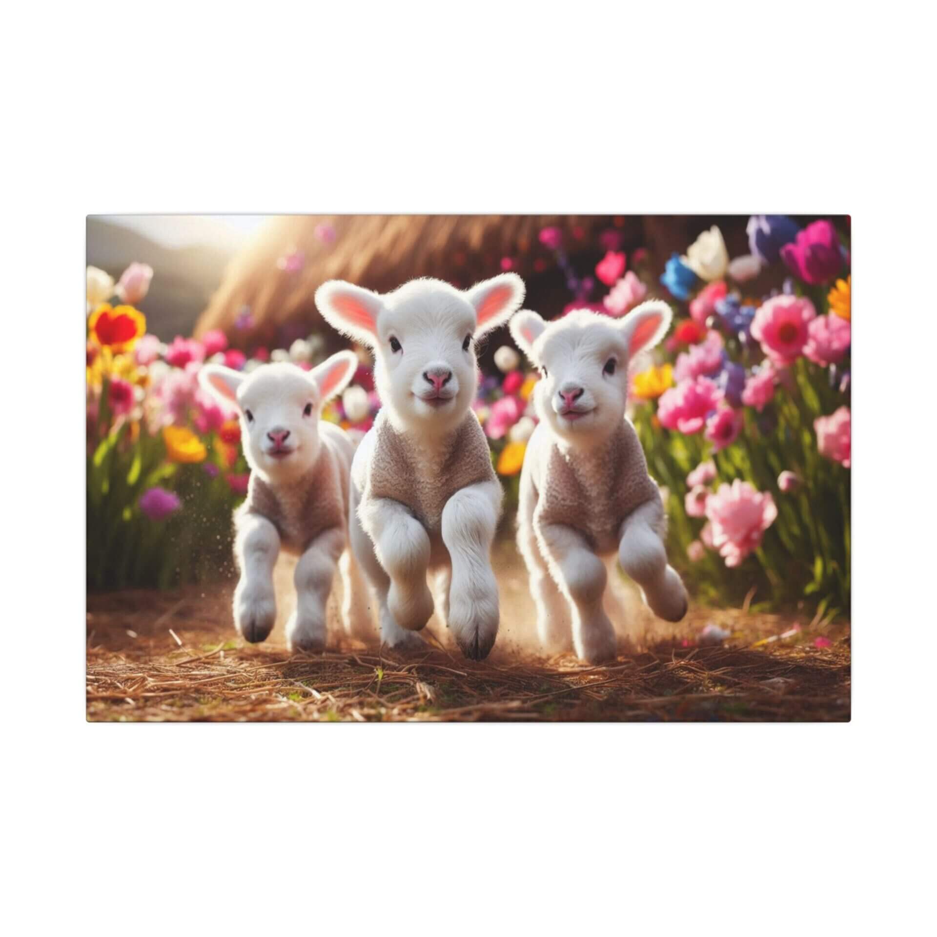 Three lambs frolicking in colorful garden.