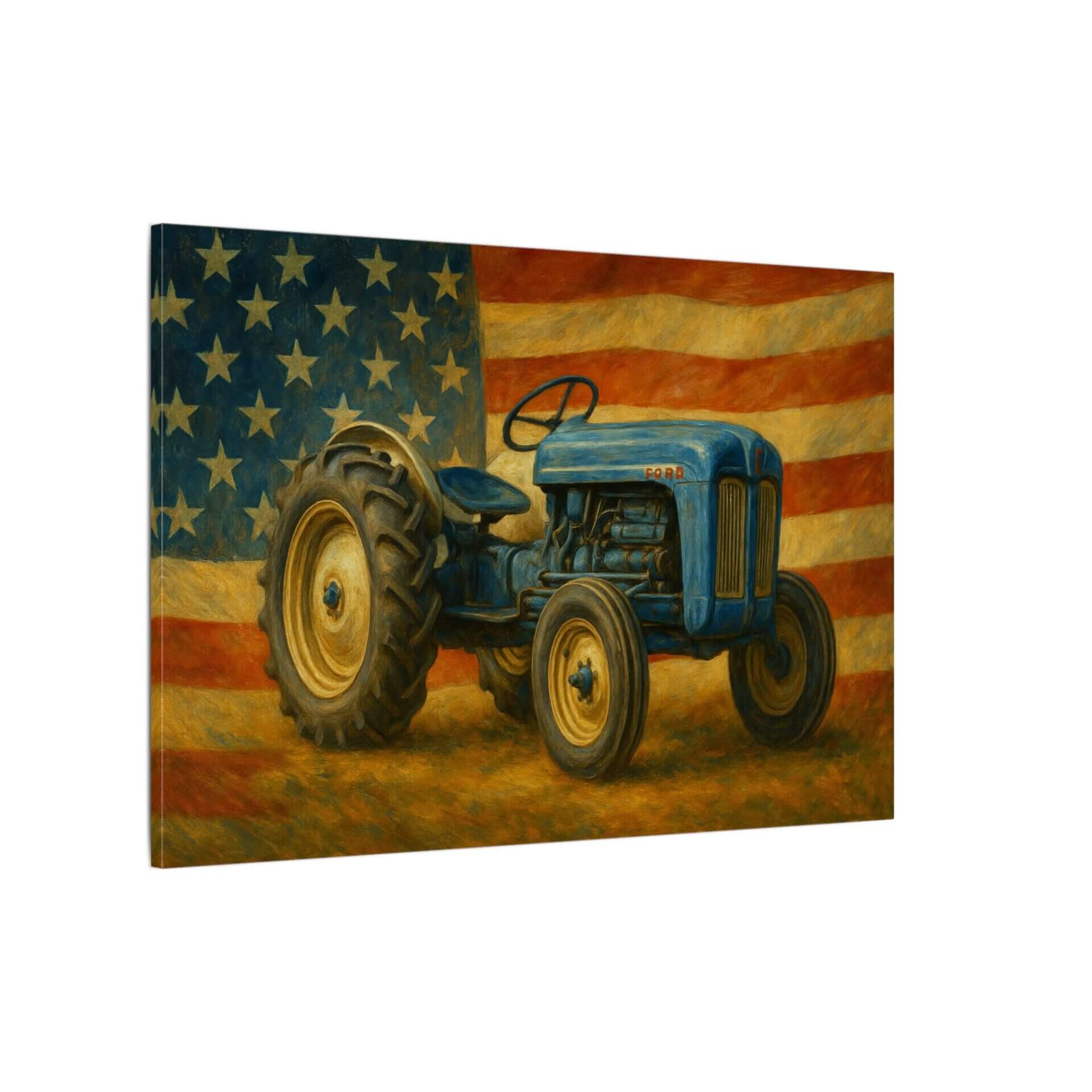 Blue tractor with American flag background.