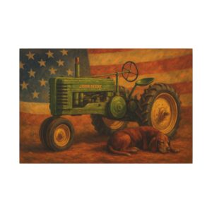 Green tractor, dog, American flag background.