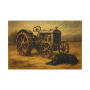 Vintage tractor with sleeping black dog.