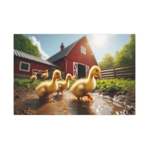 Ducklings playing in mud near red barn.