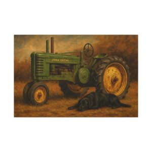 Green tractor with resting black dog.