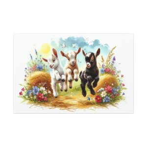 Three playful goats jumping on hay.