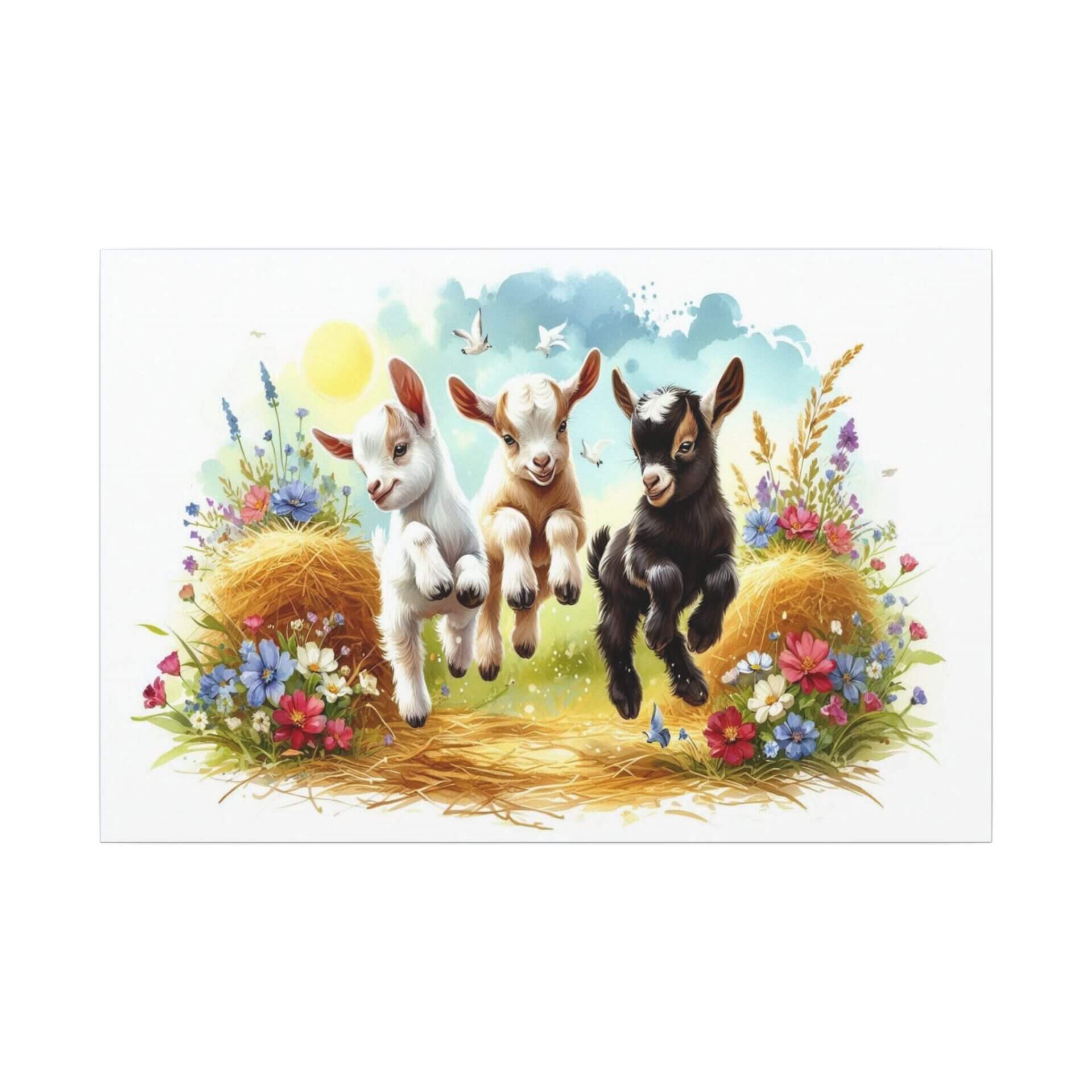 Three playful goats jumping on hay.