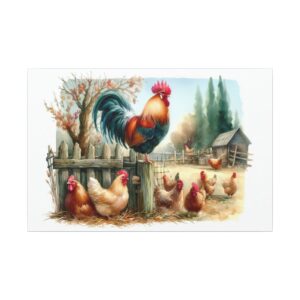 Rooster and hens in a rural farmyard.