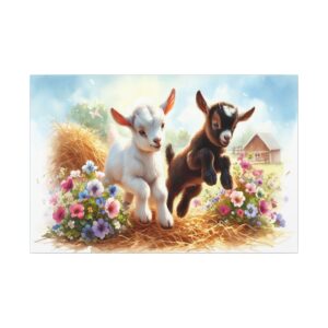 Goats frolicking in a colorful meadow.
