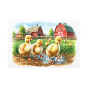 Ducklings walking on farm with barns.