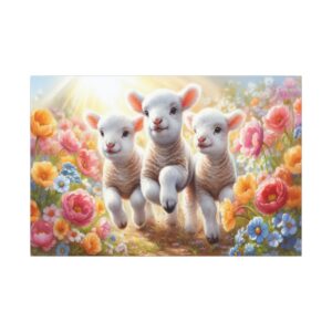 Three lambs frolicking in a colorful meadow.