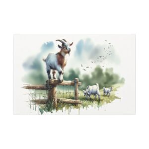 Goat standing on fence with others grazing.