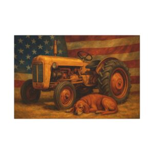 Tractor and dog with American flag background.