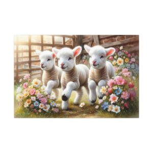 Three lambs frolicking among colorful flowers.