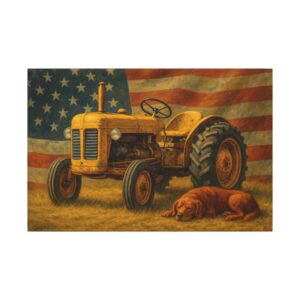 Vintage tractor, dog, American flag backdrop.