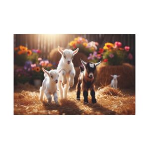 Three playful goats frolicking on hay.
