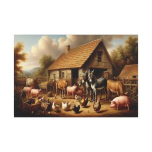 Farm animals gathered in front of barn.
