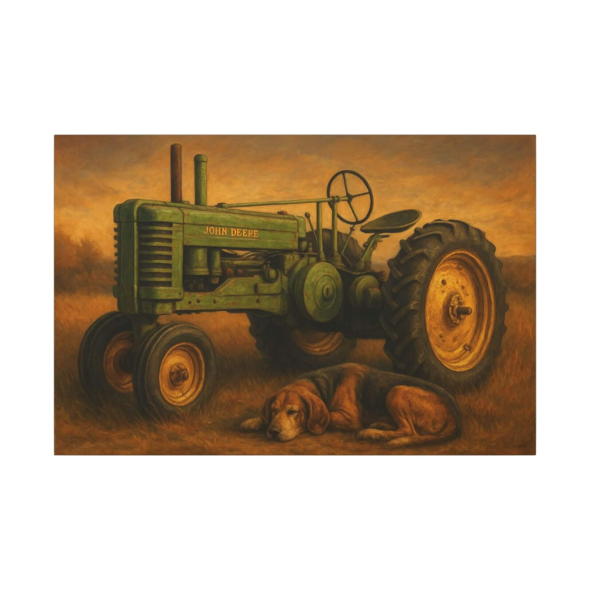 Green tractor and dog in a field.