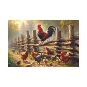 Rooster and chickens by rustic wooden fence.