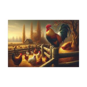 Rooster and chickens in a farmyard scene.