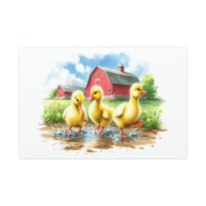 Three ducklings walking near red barn.