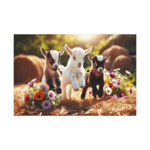 Three playful goats jumping near flowers.
