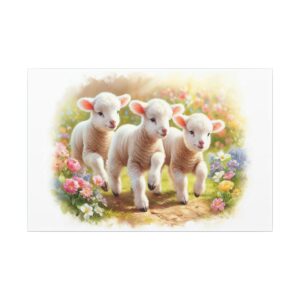 Three lambs frolicking in a flower field.