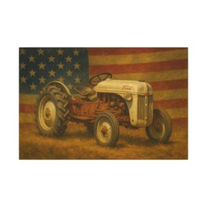 Vintage tractor with American flag background.