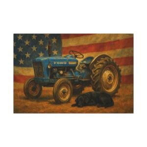 Blue tractor, black dog, American flag background.