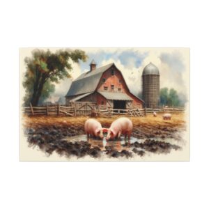 Pigs in muddy area near barn.
