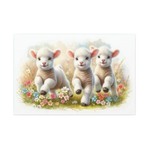 Three lambs frolicking in a flower meadow.