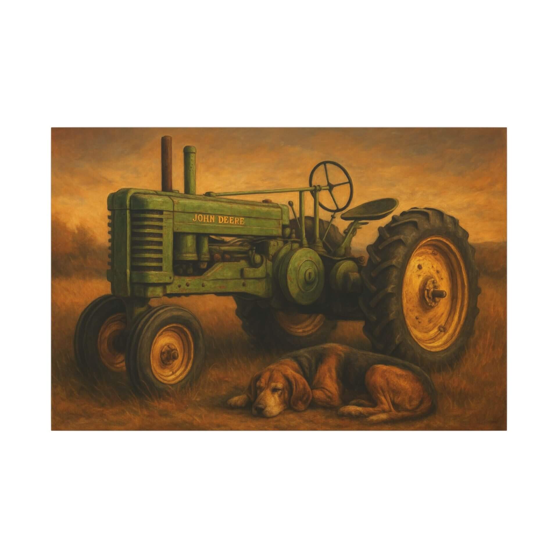 Green tractor and dog in a field.