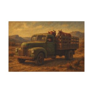 Old truck carrying cows in rural landscape.