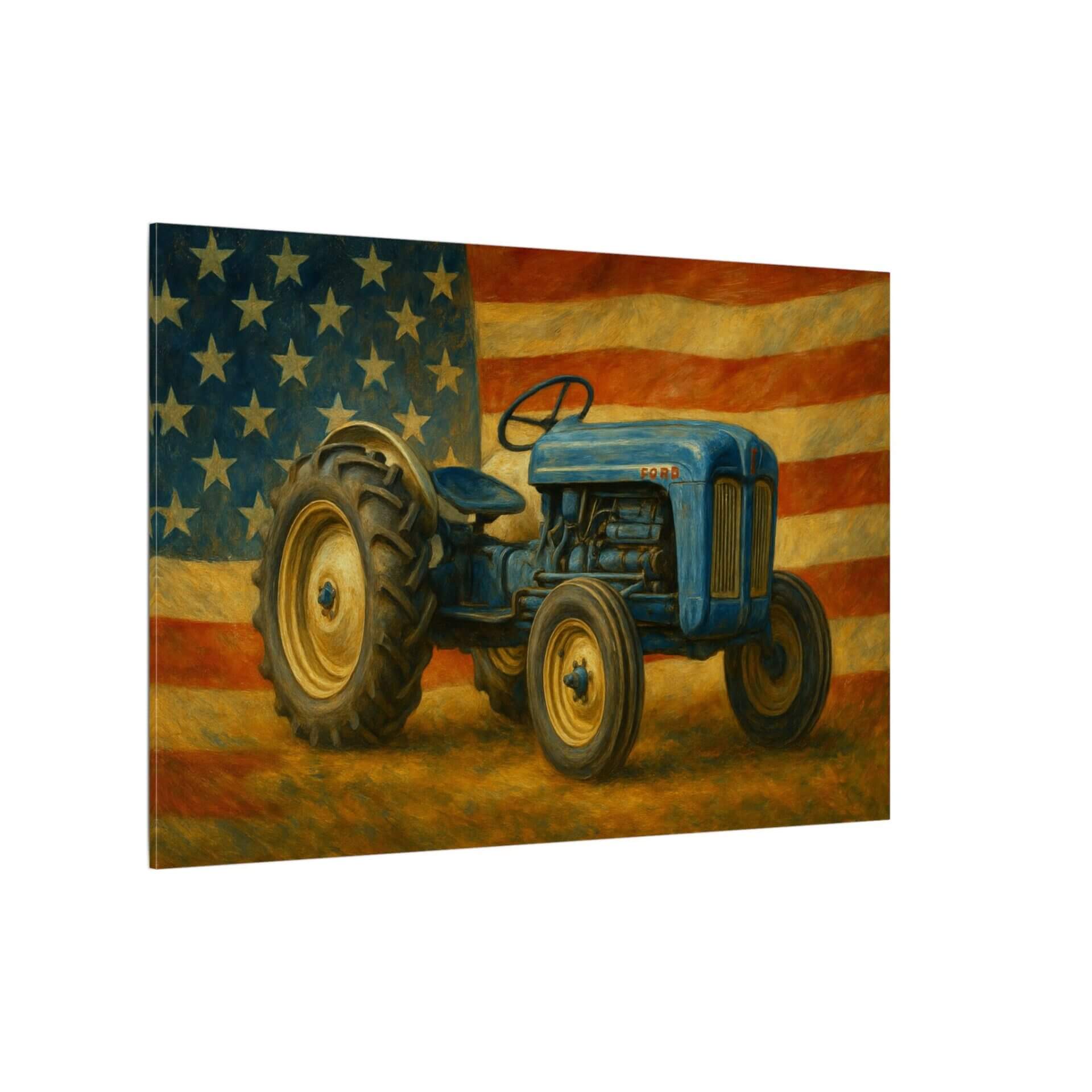 Blue tractor with American flag background.