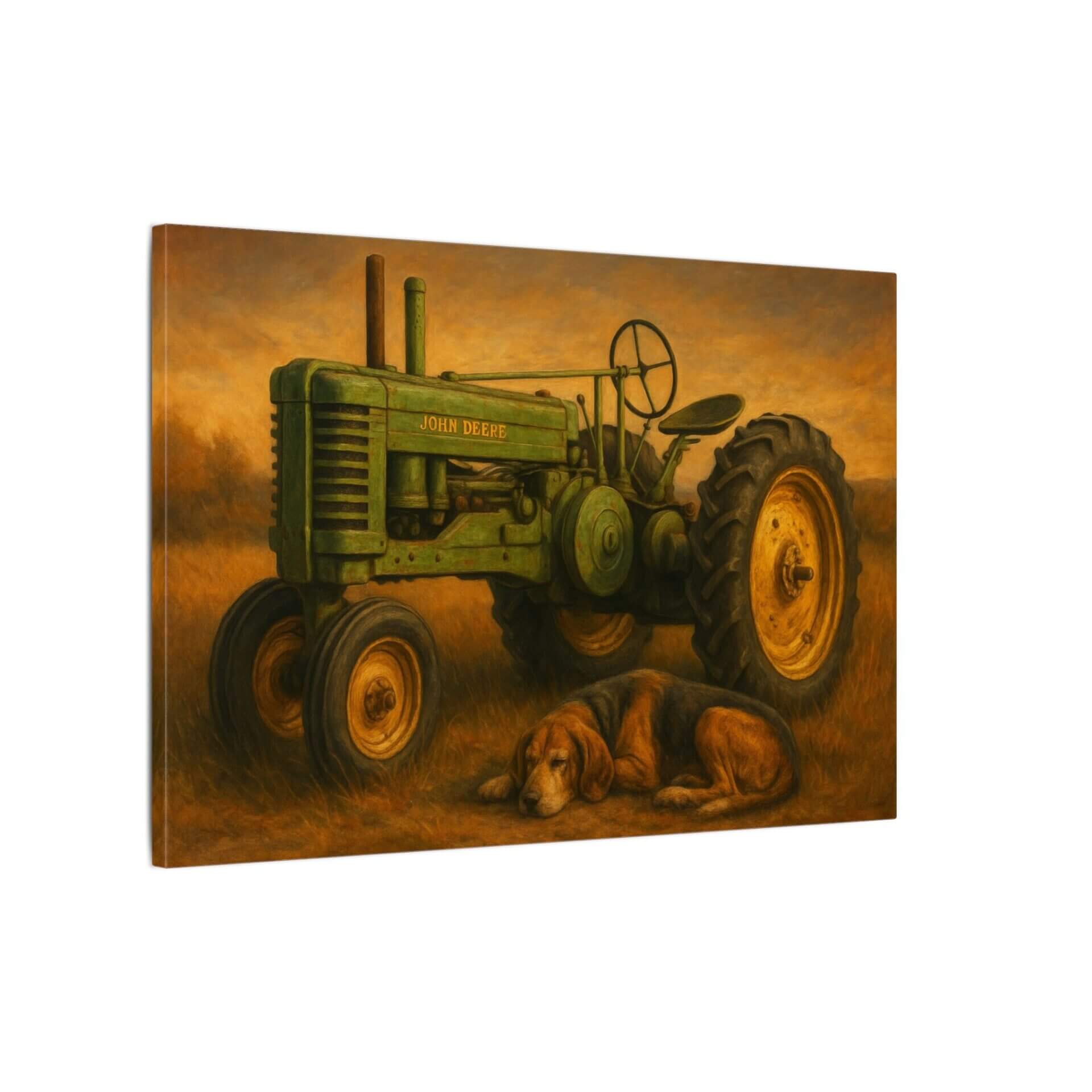 Green tractor with dog resting nearby.