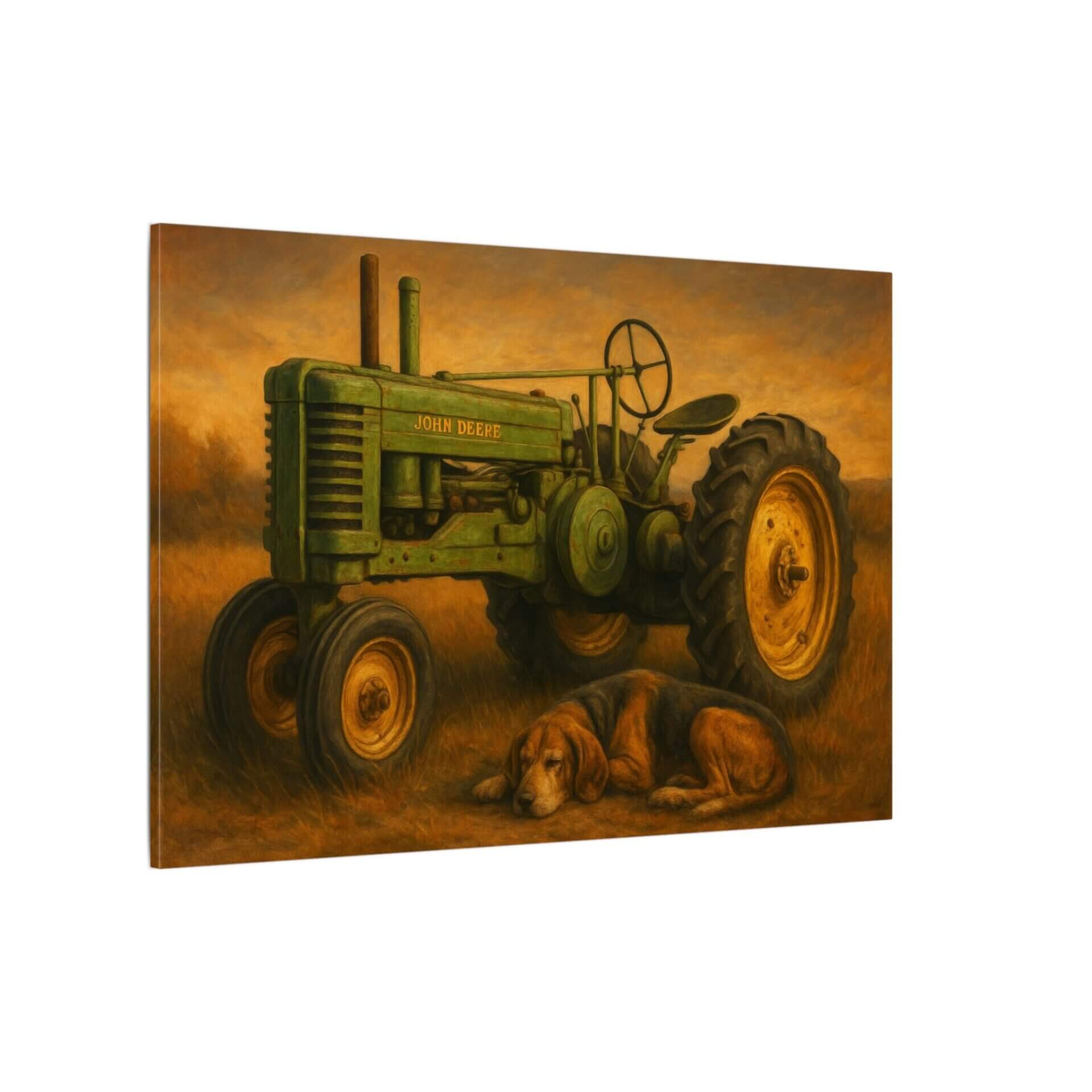 Green tractor and sleeping dog in field.