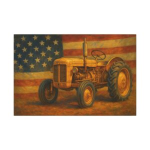Vintage tractor against American flag background.