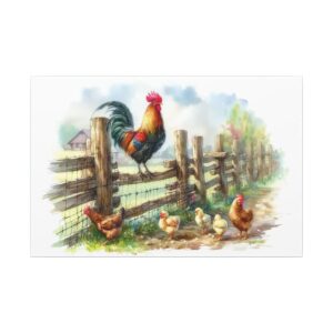 Rooster and chickens by wooden fence.
