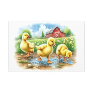 Ducklings playing by a barn.