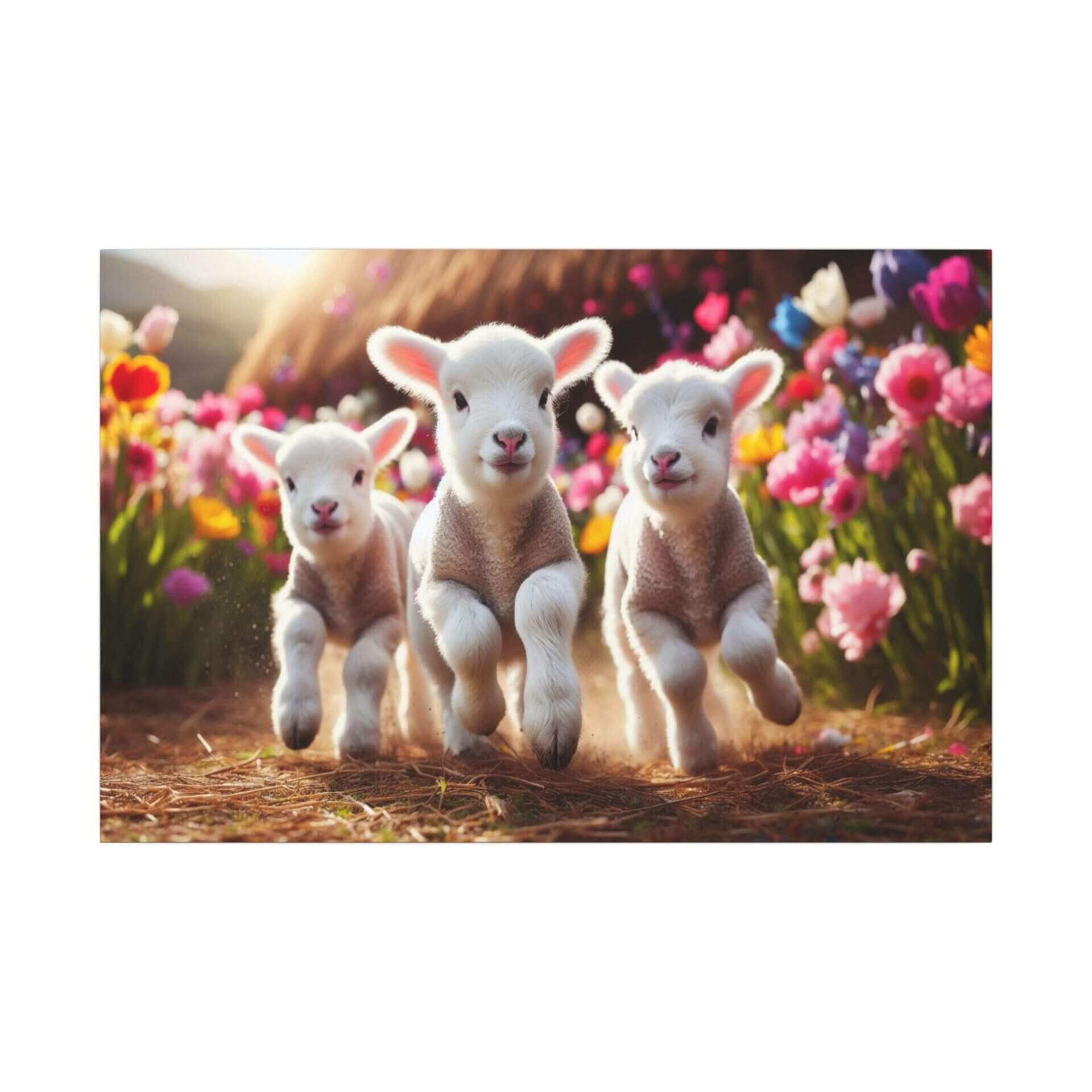 Three lambs frolicking among colorful flowers.