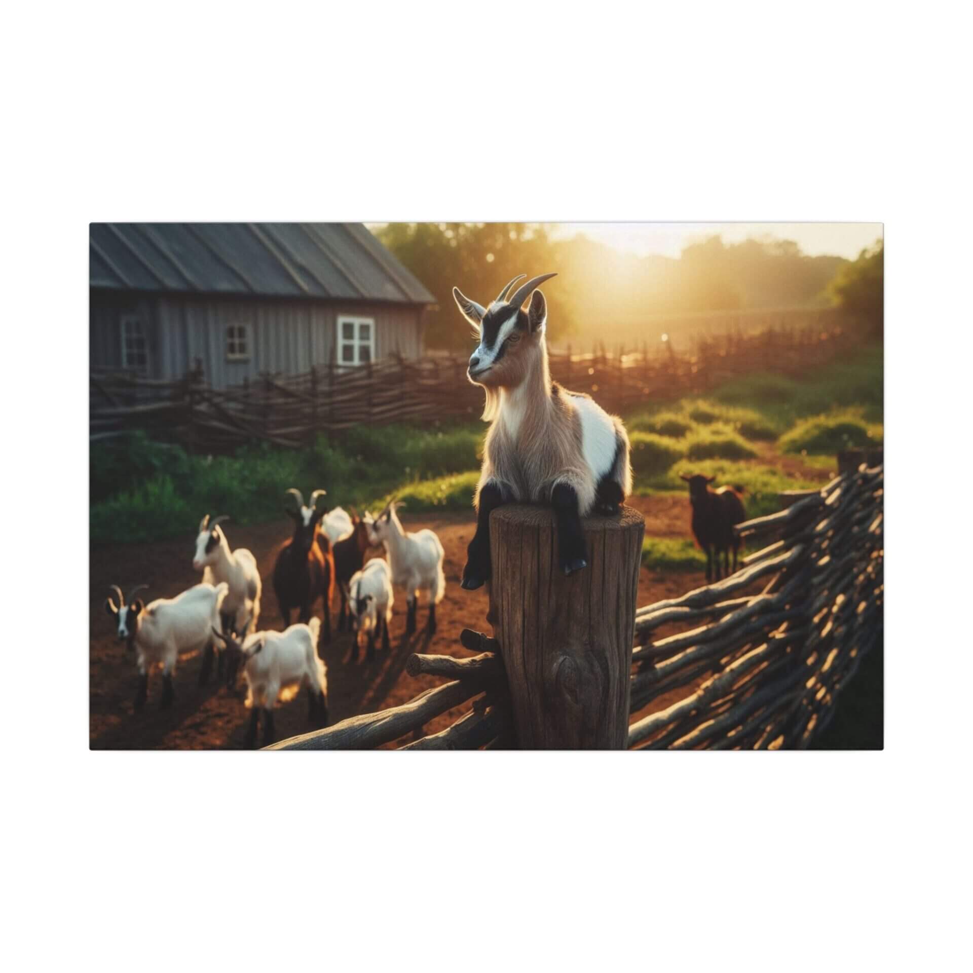 Goat perched on a fence post, sunset.