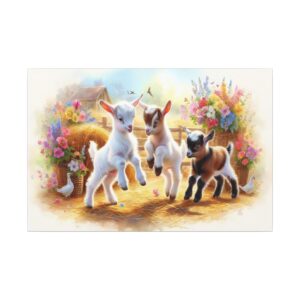 Three playful baby goats in a garden.