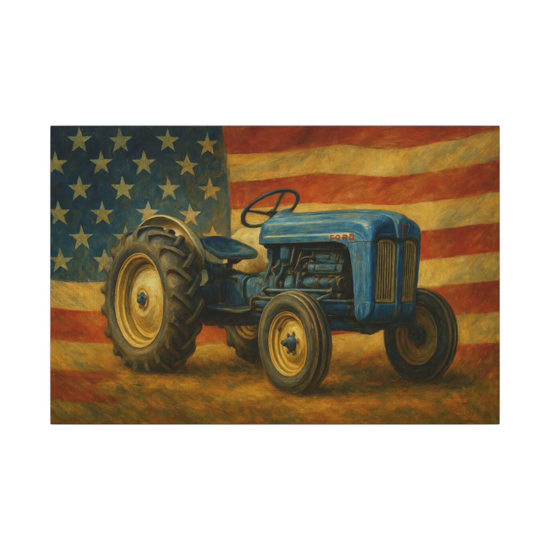 Blue tractor with American flag background.