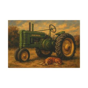 Green tractor with sleeping dog nearby.
