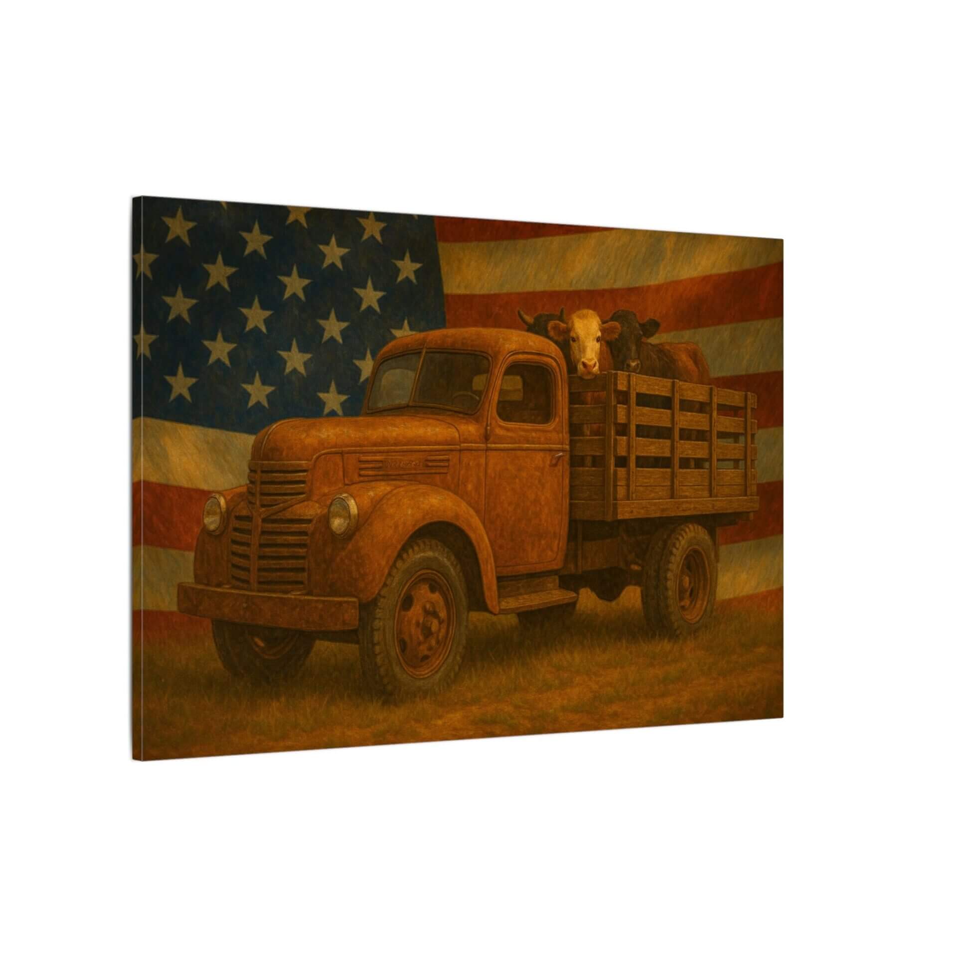 Old truck with cows, American flag background.