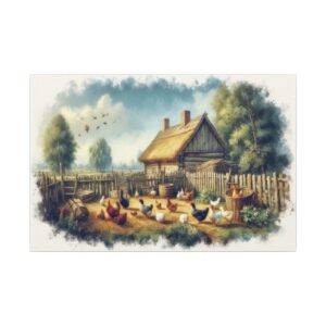 Rustic farm with chickens and thatched house.