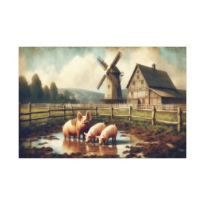 Pigs in mud near barn and windmill.