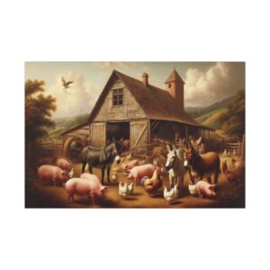 Farm animals in front of rustic barn.